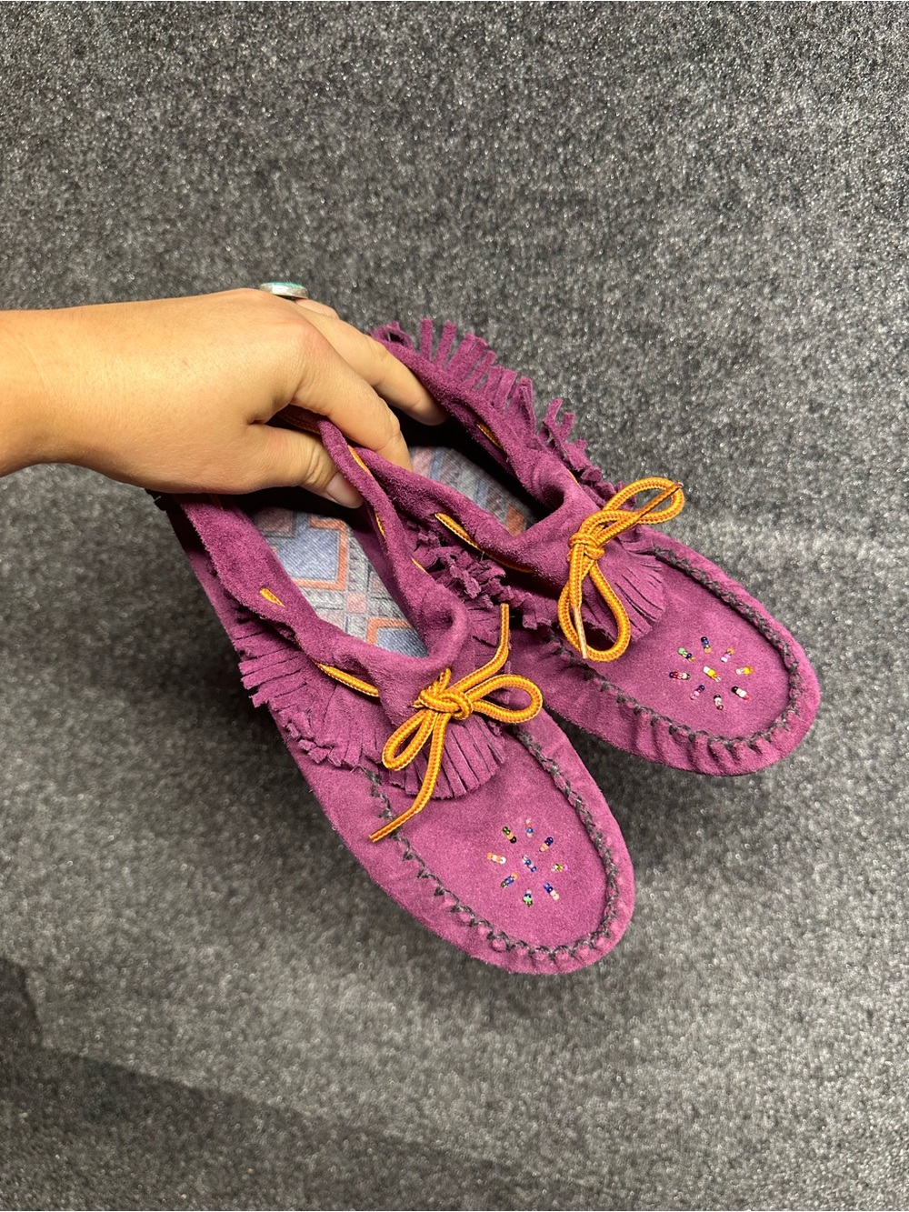 Women's Suede Moccasins with Fringe and Contrast Tie in Plum